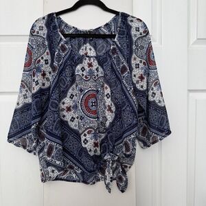Heartsoul Tie Front Blouse Womens Large Blue Paisley Medallion 3/4‎ Sleeve Top